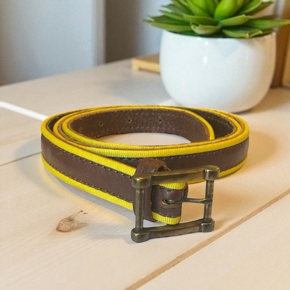 Linea Pelle Brown Leather yellow grosgrain Ribbon trim Belt size M - Picture 1 of 9